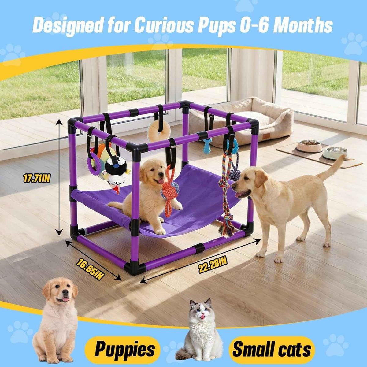 Indoor Puppy Play Gym with Hammock 8 Toys Dog Activity Center
