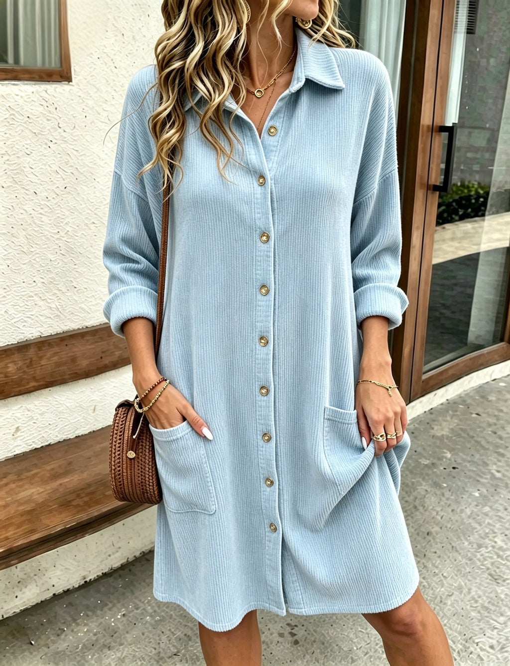 Autumn New Womens Corduroy Shirt Dress With A Turn-down Collar And Single-breasted Design