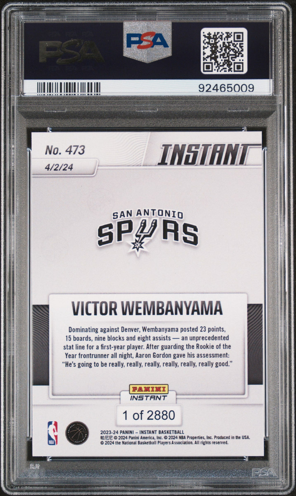 Graded 2023 Panini Instant Victor Wembanyama #473 Rookie RC Basketball Card PSA 10 Gem Mint