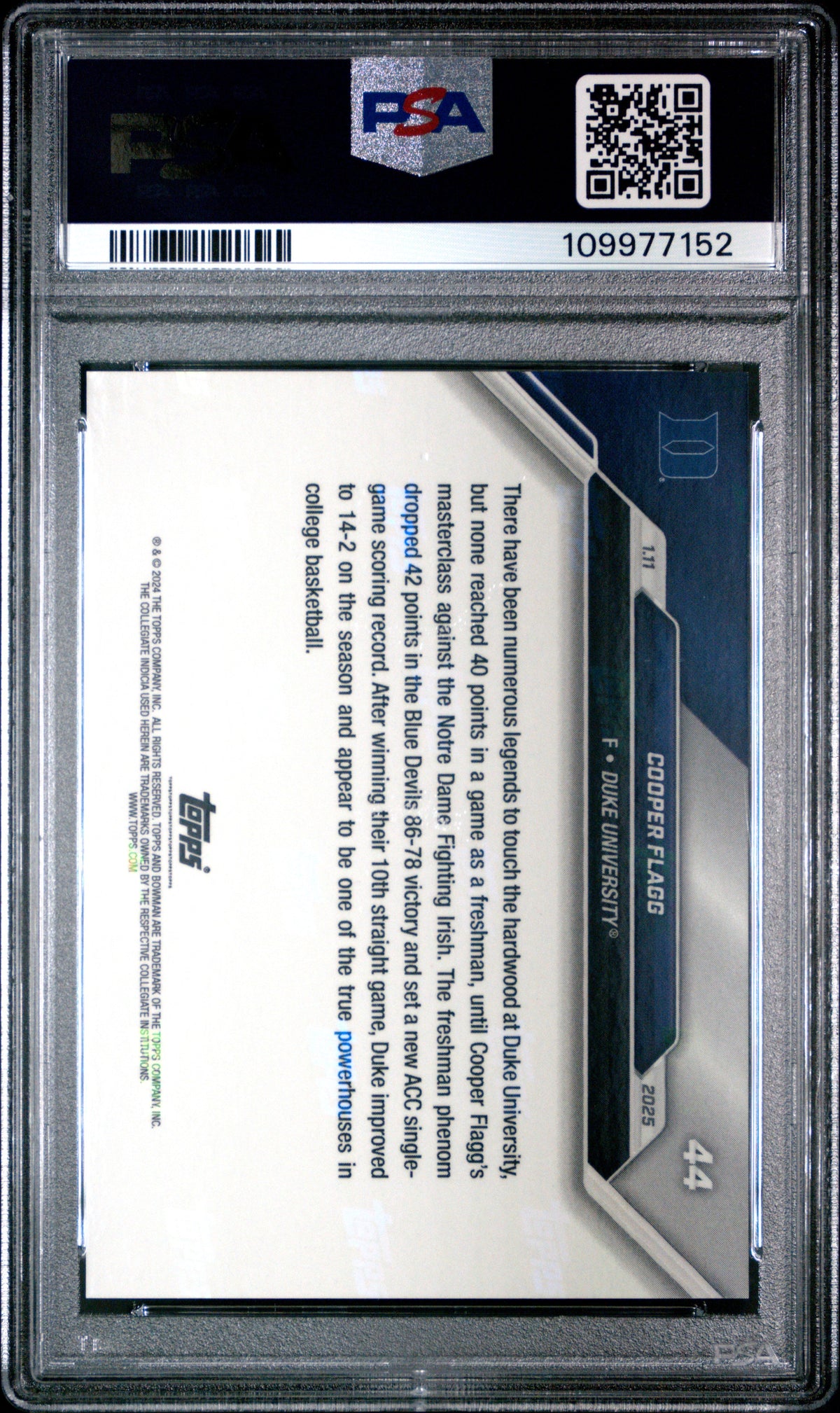 Graded 2024 Topps Bowman U Now Cooper Flagg #44 Phenom Sets ACC Freshman Single Game Scoring Mark Rookie RC Basketball Card PSA 10 Gem Mint