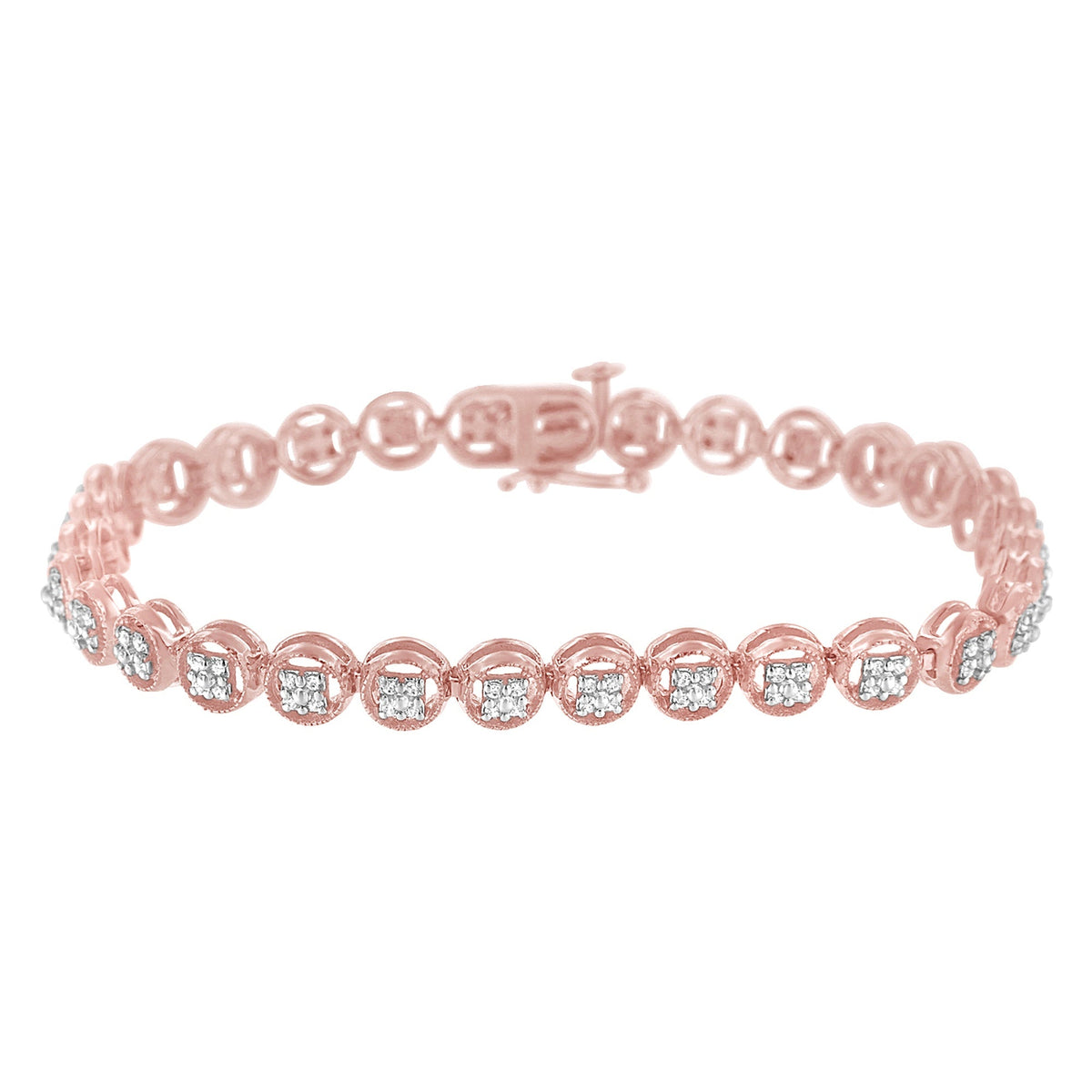 14K Rose Gold Over .925 Sterling Silver 1/4 Cttw Diamond 7" Open Circle Wheel Link Tennis Bracelet (I-J Color, I2-I3 Clarity)