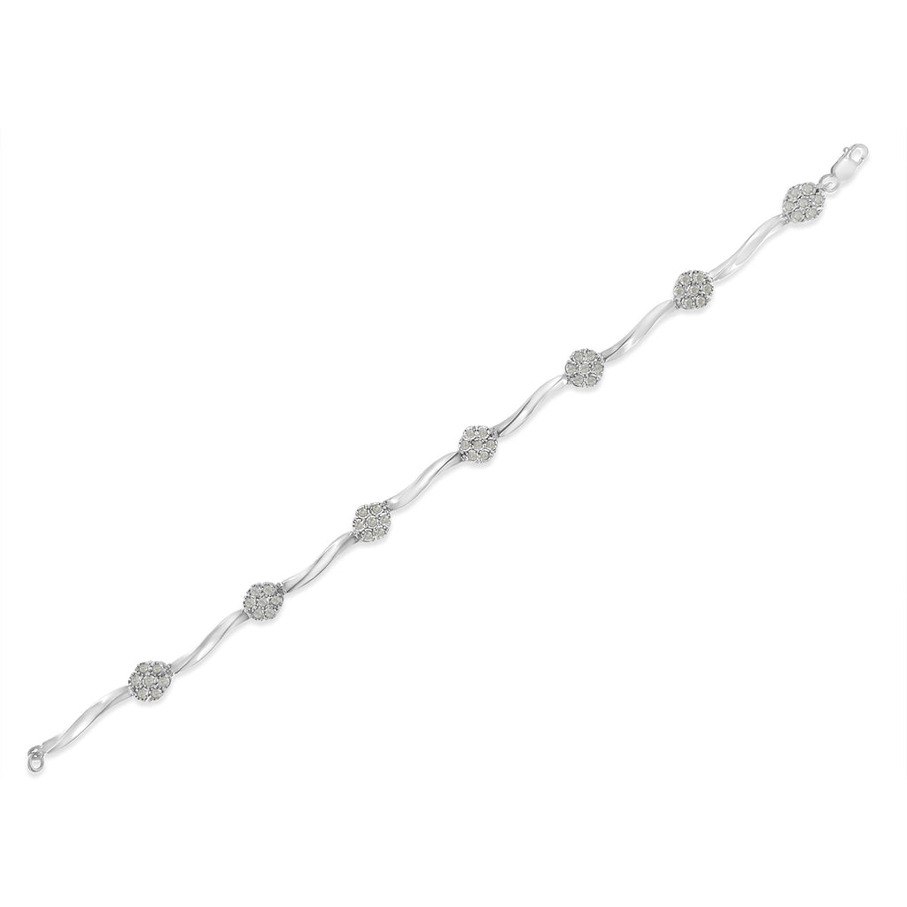 .925 Sterling Silver 1/4 Cttw Diamond Cluster Miracle-Set Station & Twisted Bar 7" Tennis Bracelet (H-I Color, I2-I3 Clarity)