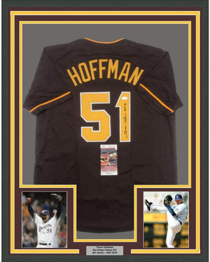 Framed Autographed/Signed Trevor Hoffman 35x39 San Diego Brown Baseball Jersey JSA COA