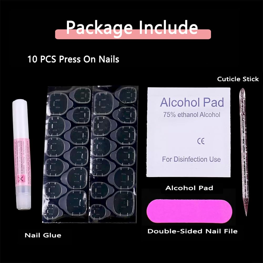 PIVHWIR Press On Nails Reusable Glossy Long 3D Heart Design Fake Nails Stick On Nails-Black (S)