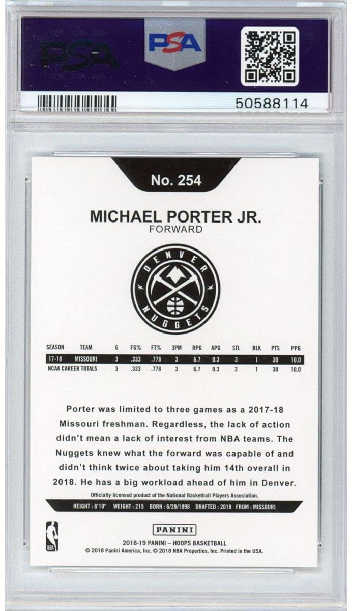 Graded 2018-19 Panini Hoops Michael Porter Jr. #254 Rookie RC Basketball Card PSA 10 Gem Mint