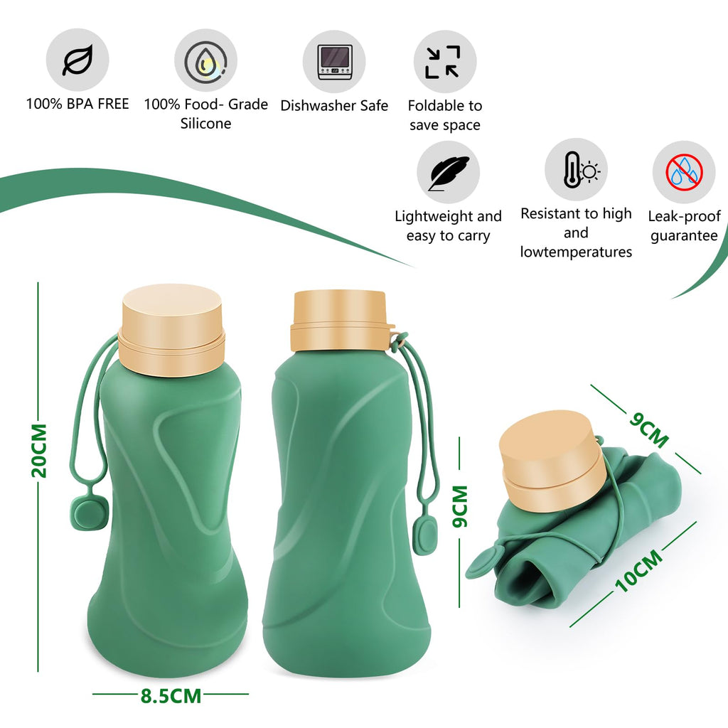 NAVTUE Collapsible Silicone Water Bottle 650ml Leak Proof Reusable Green