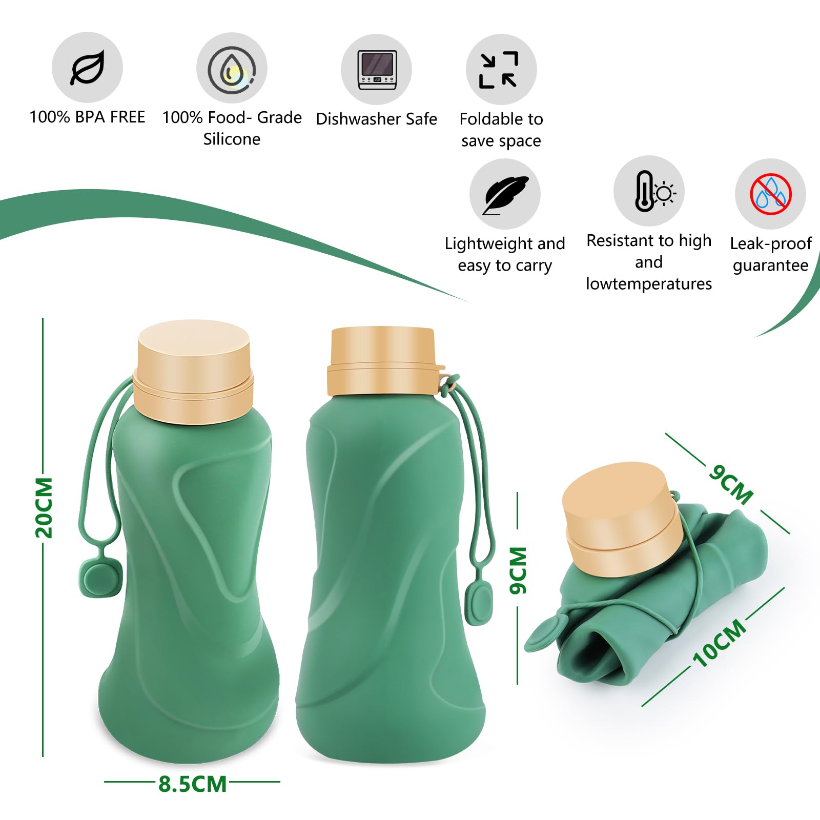 NAVTUE Collapsible Silicone Water Bottle 650ml Leak Proof Reusable Green