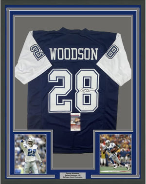 Framed Autographed/Signed Darren Woodson 35x39 Dallas Blue Football Jersey JSA COA