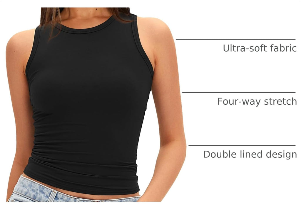 Darong Women Double Lined Crew Neck Racerback Tank Top Summer Basic Cami Tank Shirt 9203 Black S