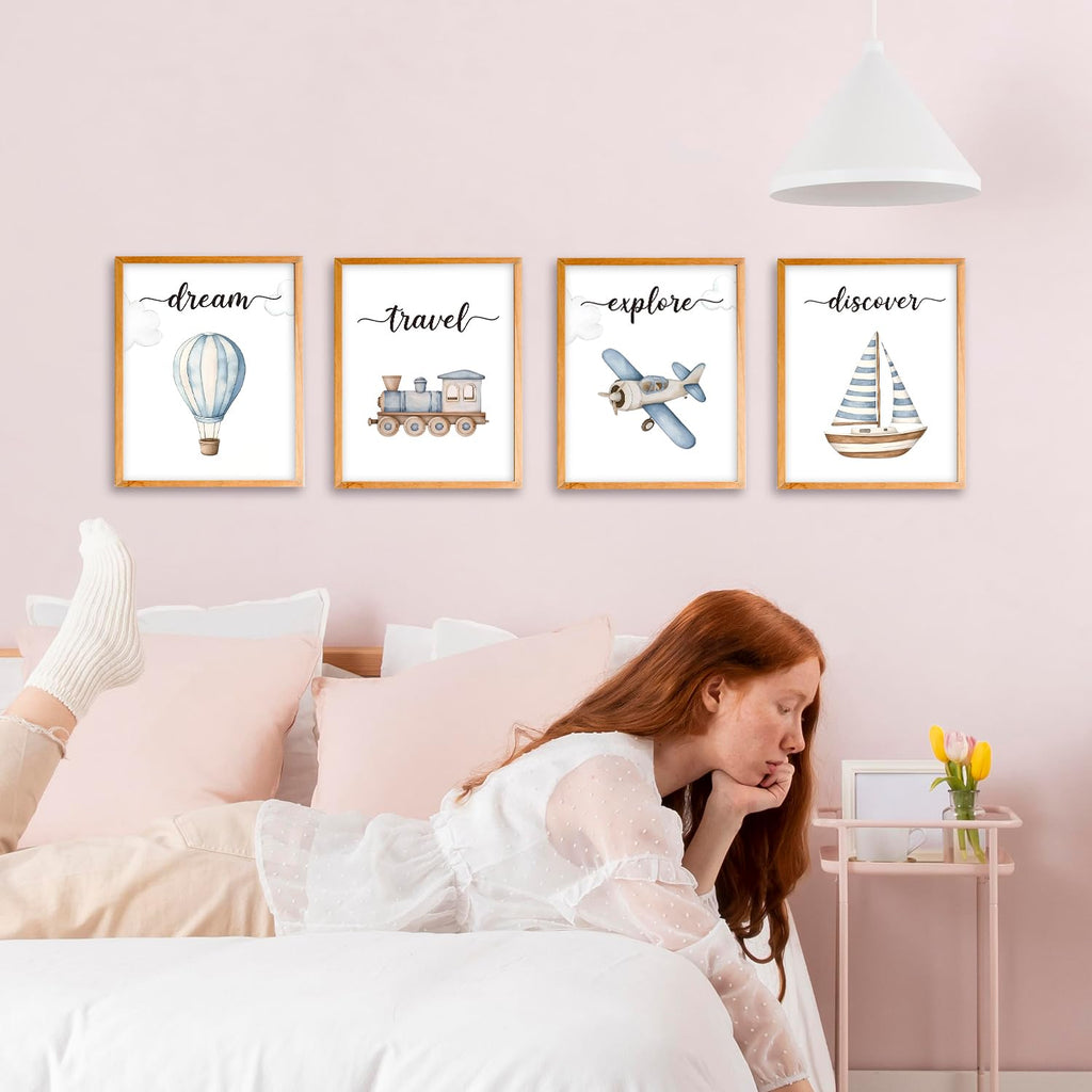 VIIJJUE Nursery Wall Art Set 4 Transportation Prints 8x10 Watercolor Blue