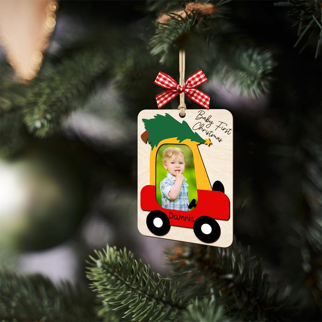Baby's First Christmas Ornament with Name Wooden Baby 1st Christmas Ornament Picture Frame Car Babys Photo Xmas Tree Ornaments Keepsake for New Mom Dad Birthday