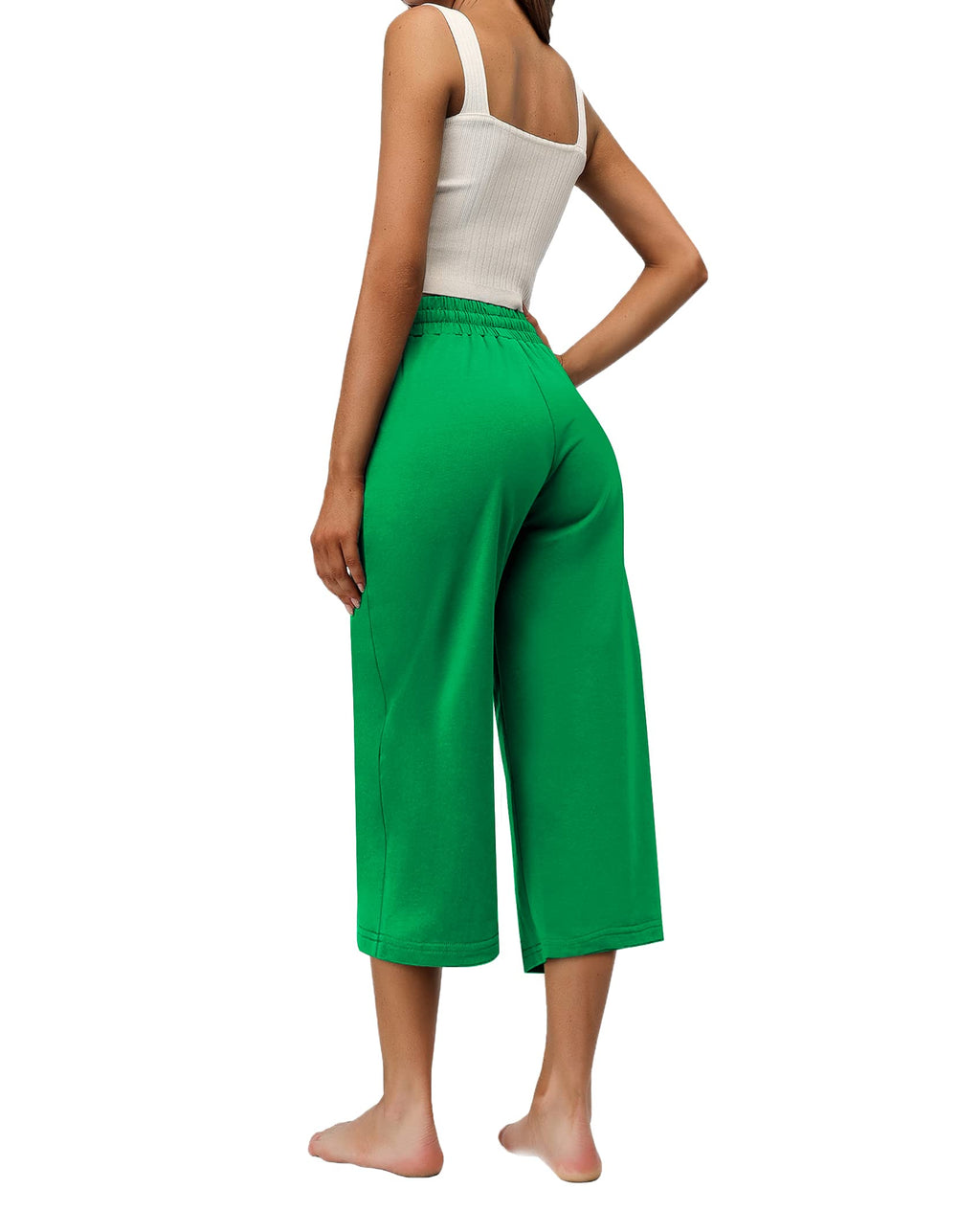 RESHE Womens Capri Pants Yoga Wide Leg Drawstring Pockets Green Size 2XL