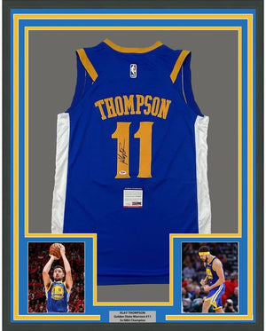Framed Autographed/Signed Klay Thompson 35x39 Golden State Blue Basketball Jersey PSA/DNA COA