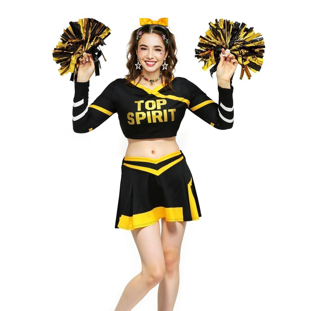 ROC PARTY Women Cheerleader Costume Yellow with Hairpins Pom Poms Size S