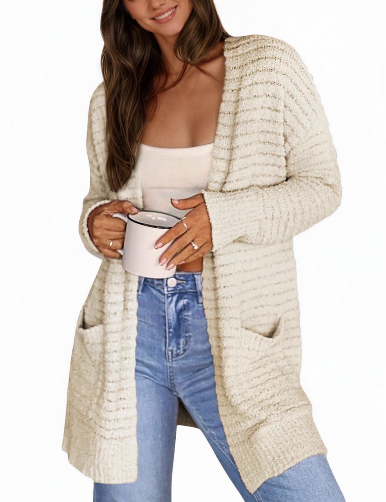 CiCiBird Women Long Fuzzy Knit Cardigan Sweater Open Front Beige Size XL