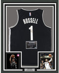 Framed Autographed/Signed D'Angelo Russell DLo 35x39 Brooklyn Black Basketball Jersey Athlete Holo COA