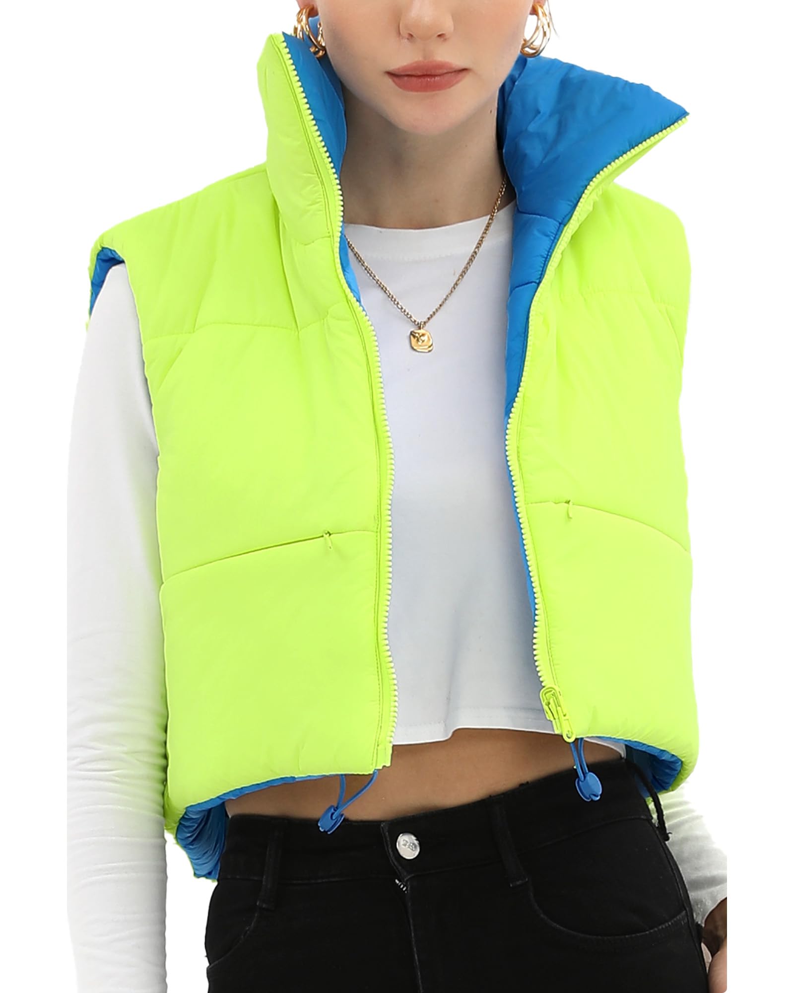 Xeoxarel Women's Reversible Puffer Cropped Vest Full Zip Sleeveless Green Blue M
