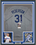 Framed Autographed/Signed Joc Pederson 35x39 Los Angeles LA Grey Baseball Jersey JSA COA