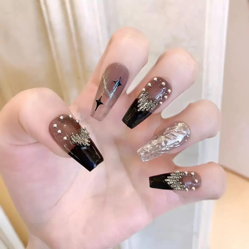 PIVHWIR Press On Nails Reusable Glossy Long 3D Heart Design Fake Nails Stick On Nails-Black (S)