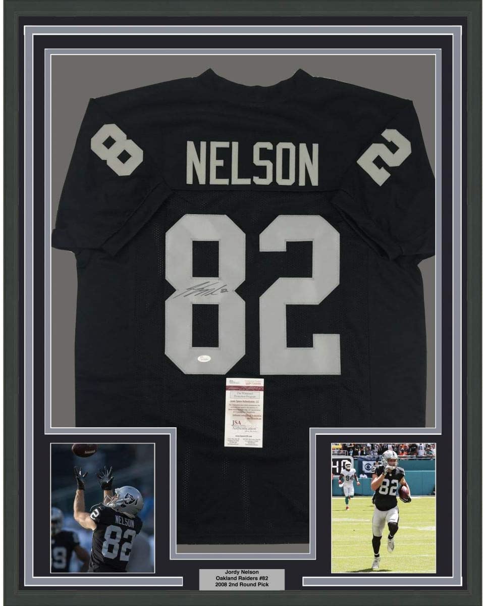 Framed Autographed/Signed Jordy Nelson 35x39 Oakland Black Football Jersey JSA COA