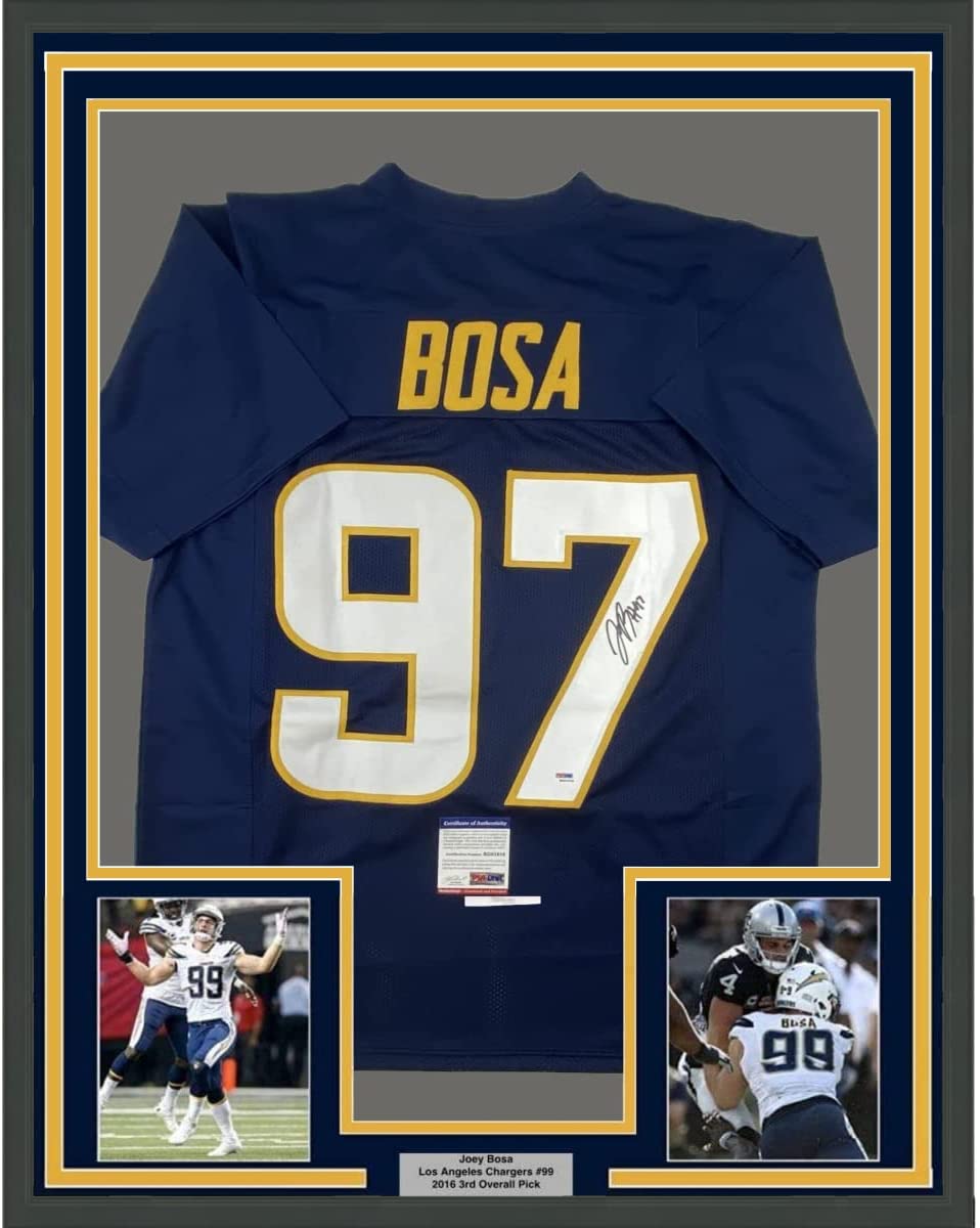 Framed Autographed/Signed Joey Bosa 35x39#97 Los Angeles LA Dark Blue Football Jersey JSA COA