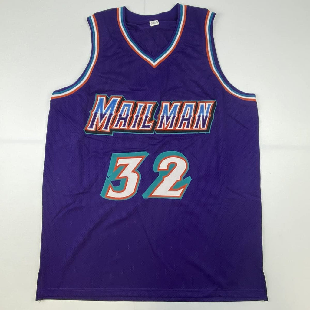 Autographed/Signed Karl Malone Utah Purple Basketball Jersey Beckett BAS COA