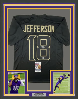 Framed Autographed/Signed Justin Jefferson 35x39 Minnesota Blackout Football Jersey JSA COA