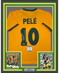 Framed Autographed/Signed Pele 35x39 Brazil Yellow Soccer Jersey Beckett BAS COA