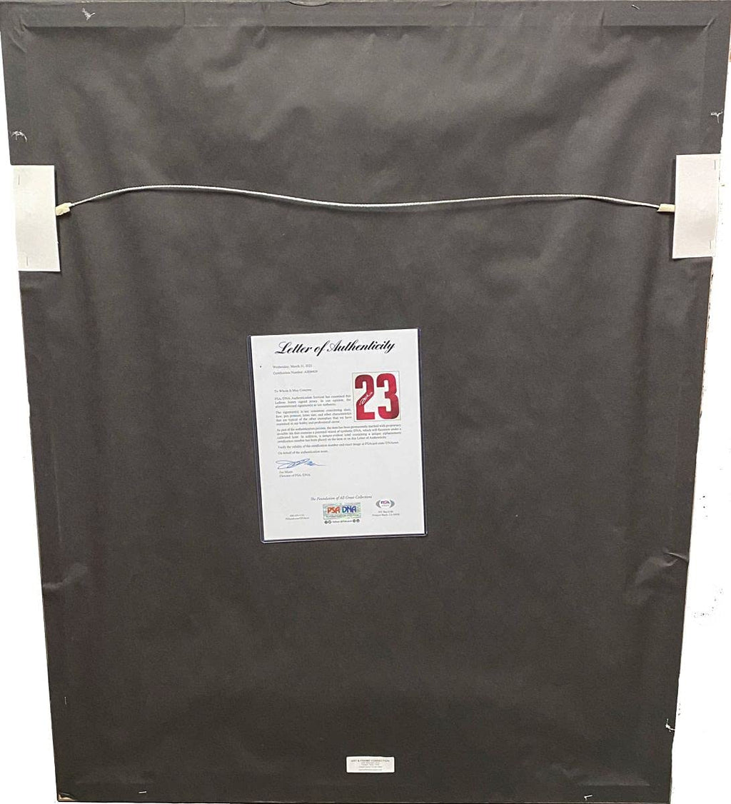 Framed Autographed/Signed LeBron James 35x39 Cleveland Cavaliers White Basketball Jersey PSA/DNA COA/LOA