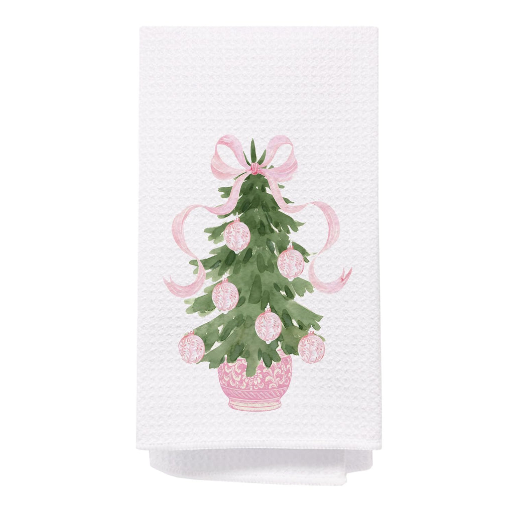 SPBL&L Chinoiserie Christmas Kitchen Towels Pink Bow Tree 16x24 Inch Set of 2