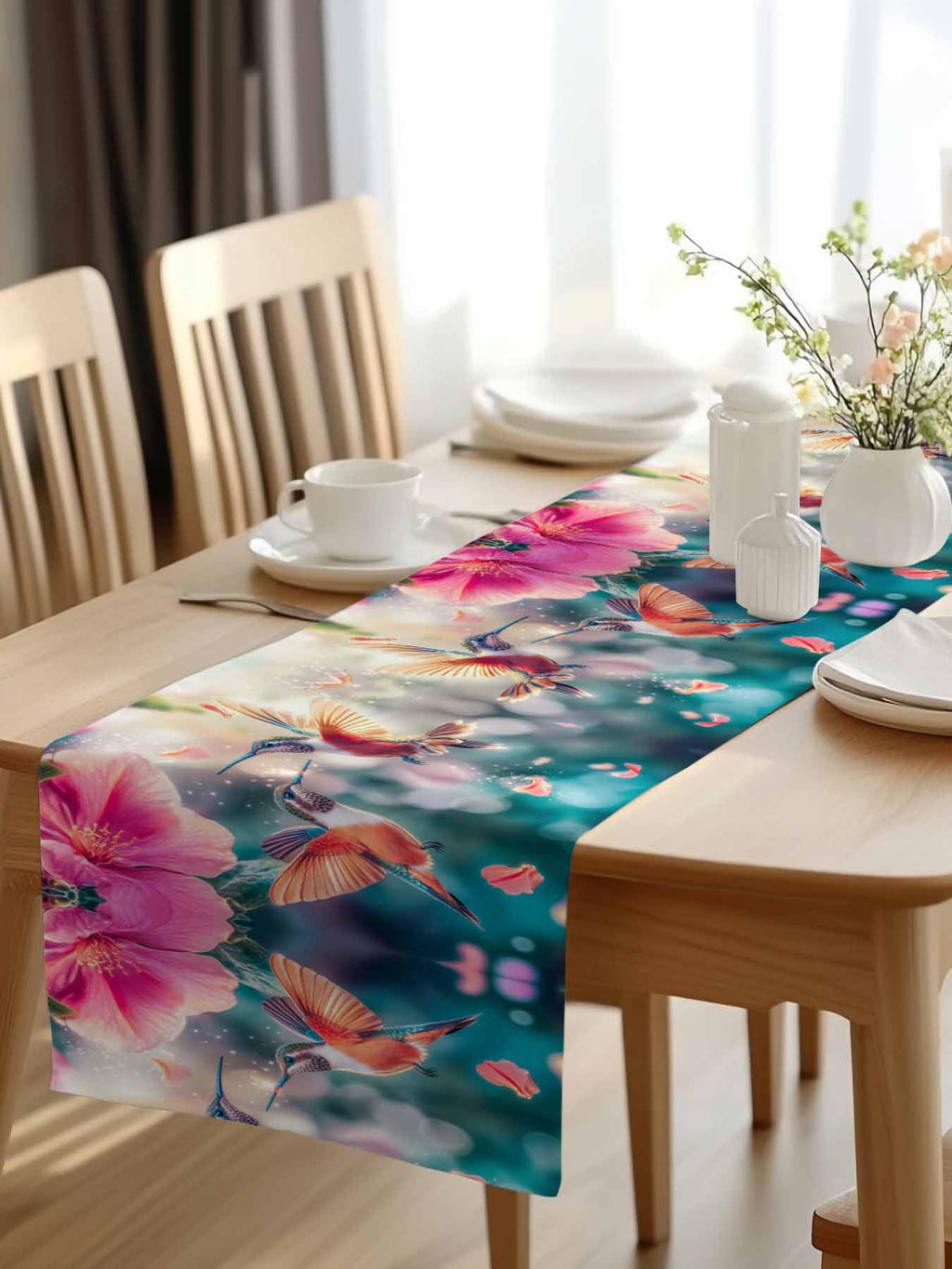 Perdecor Spring Hummingbird Pink Petals Table Runner 13x70in Cotton Linen
