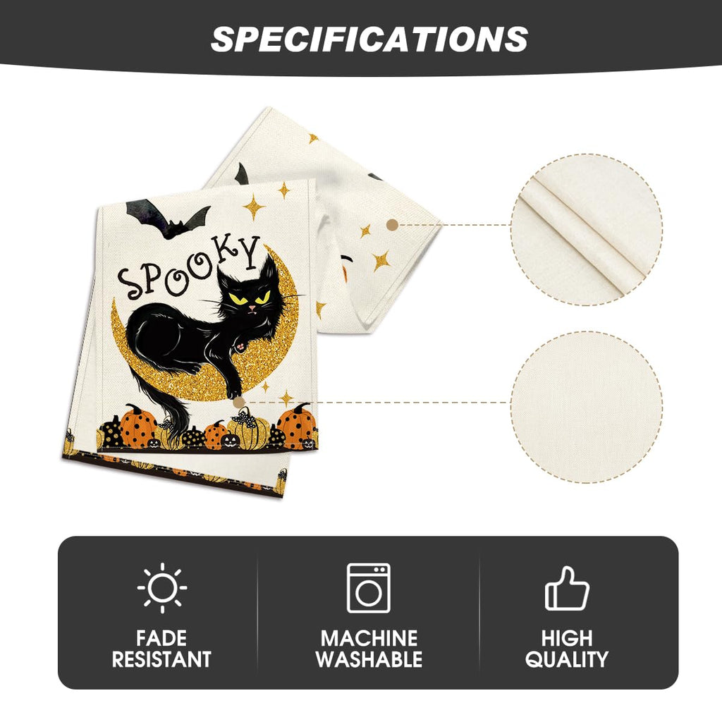 Artoid Mode Halloween Table Runner Black Cat Pumpkins Moon 13x72 Inch Beige