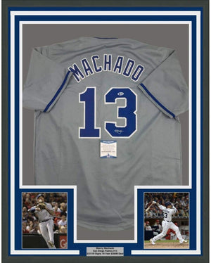 Framed Autographed/Signed Manny Machado 35x39 San Diego Grey Baseball Jersey Beckett BAS COA