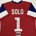 Autographed/Signed Hope Solo Red/White/Blue Soccer Team USA World Cup Jersey JSA COA
