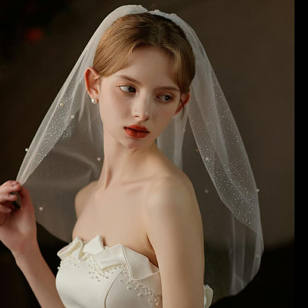 Cliory Pearl Veil Glitter Bride Wedding Short Veil White