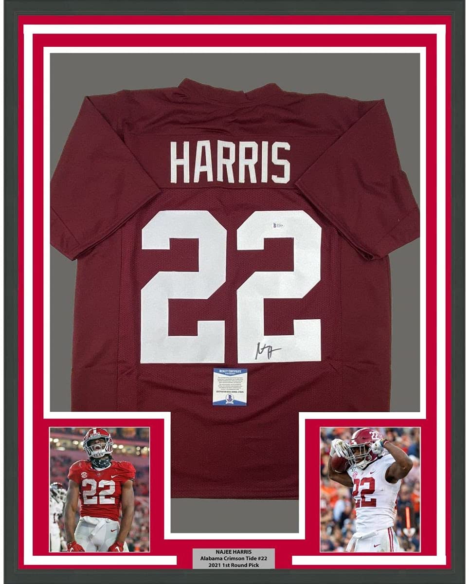 Framed Autographed/Signed Najee Harris 35x39 Alabama Red College Football Jersey Beckett BAS COA