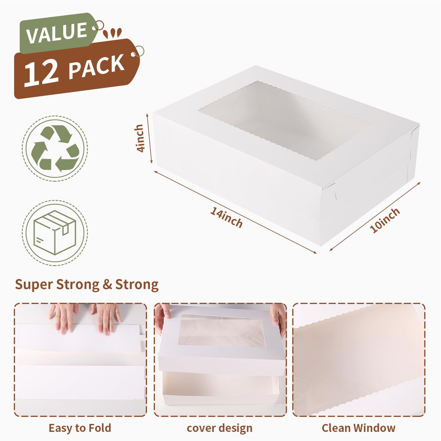 JCD 12pcs Cake Boxes 14x10x4in White Bakery Window Quarter Sheet