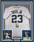Framed Autographed/Signed Fernando Tatis Jr. 35x39 San Diego White Baseball Jersey JSA COA