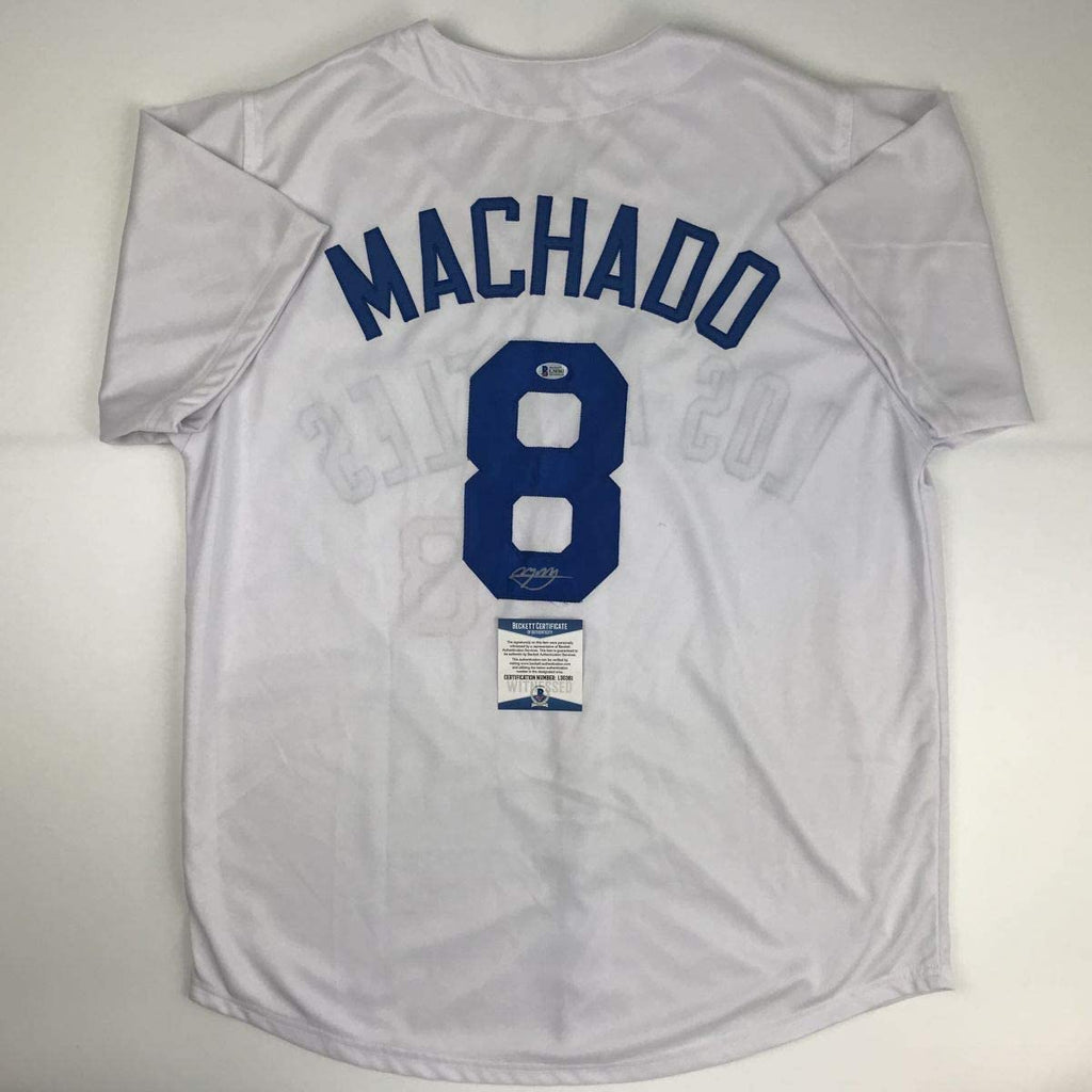 Autographed/Signed Manny Machado Los Angeles LA White Baseball Jersey Beckett BAS COA