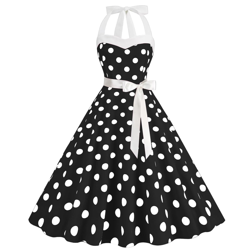 HAPNBCELE Vintage 1950s Halter Polka Dot Dress Black Size X-Large