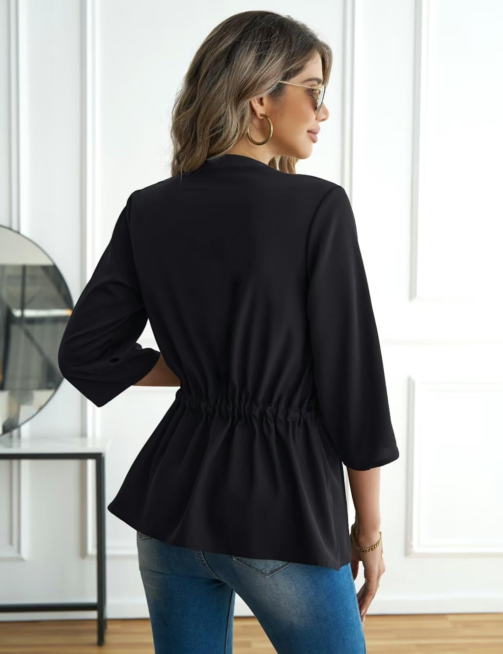 CiCiBird Womens Peplum Zip Blouse 3/4 Sleeve Work Shirt Black Size L
