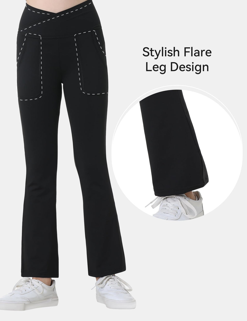 Kirinkylin Girls Flare Leggings 2 Pack V Cross Bootcut Pockets Black Size 10-11
