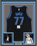 Framed Autographed/Signed Luka Doncic 35x39 Dallas Black Basketball Jersey Beckett BAS COA