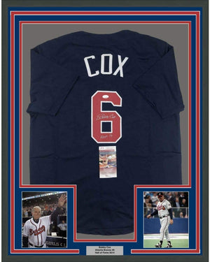 Framed Autographed/Signed Bobby Cox HOF 14 35x39 Atlanta Blue Baseball Jersey JSA COA