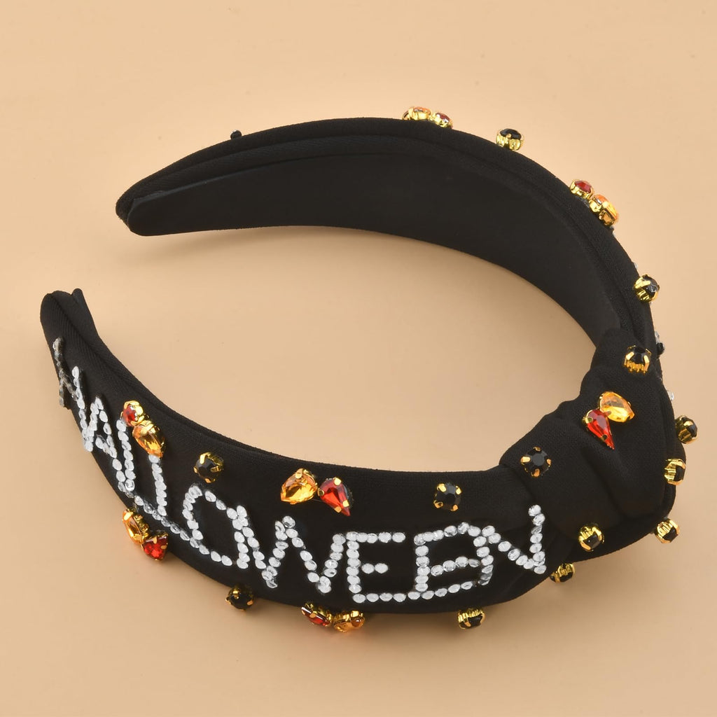 ABONDEVER Halloween Headbands Women Black Rhinestone Beaded Boo Pumpkin