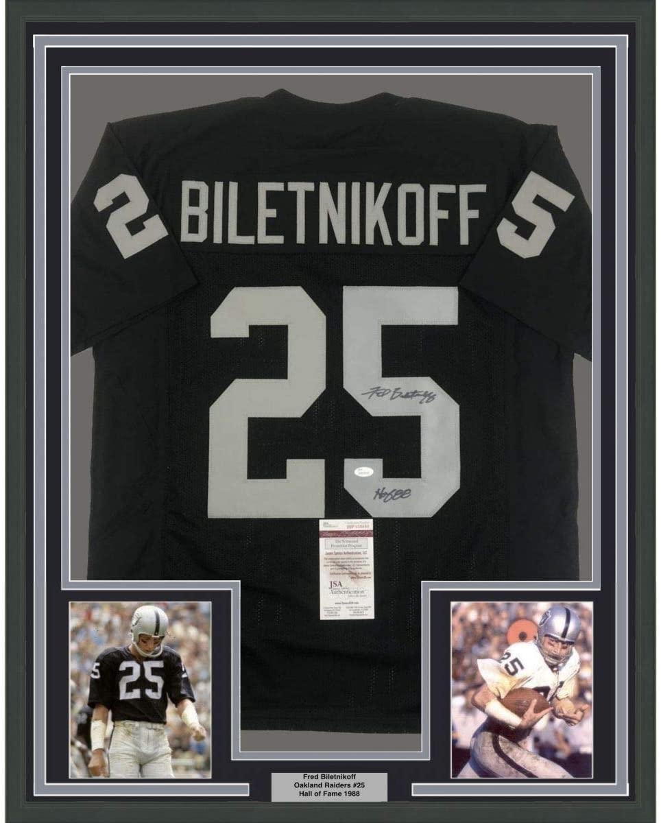 Framed Autographed/Signed Fred Biletnikoff HOF 88 35x39 Oakland Black Football Jersey JSA COA