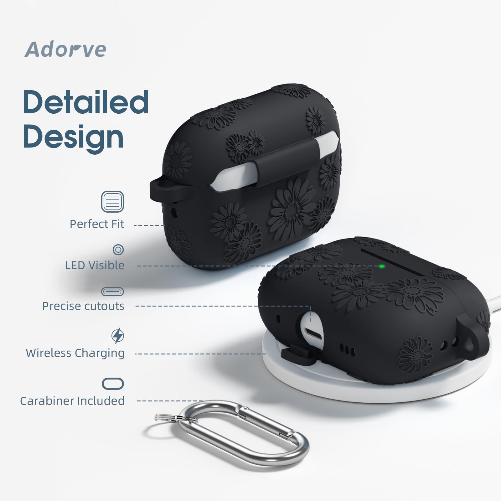 Adorve AirPods Pro 2 Silicone Case Flower Engraved Black Front LED Visible