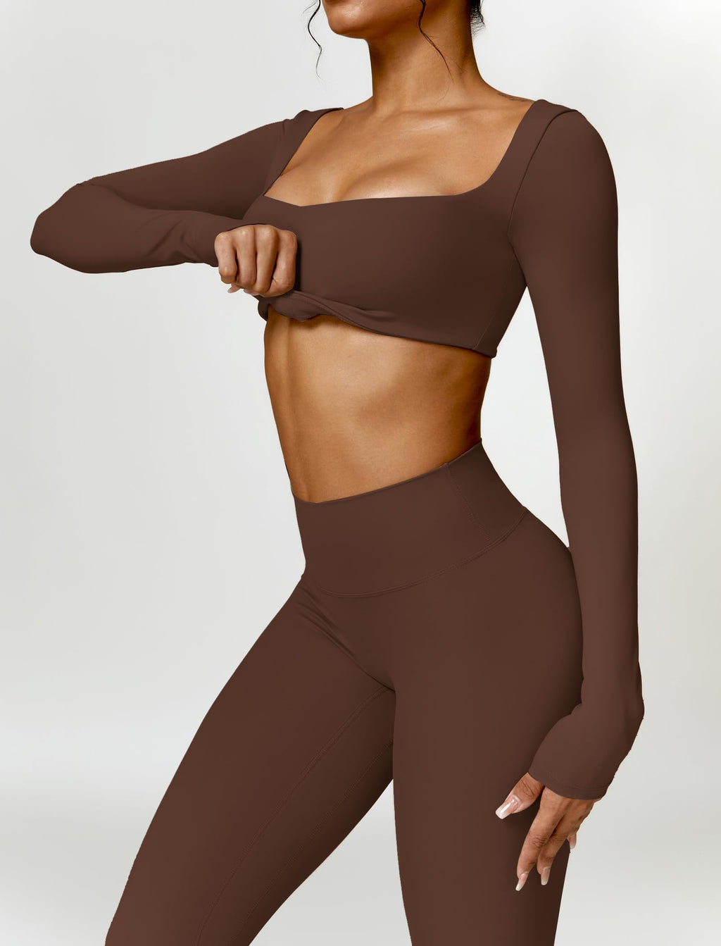 AGYMNX 2pc Workout Set Women Long Sleeve Crop Top High Waist Leggings Brown M
