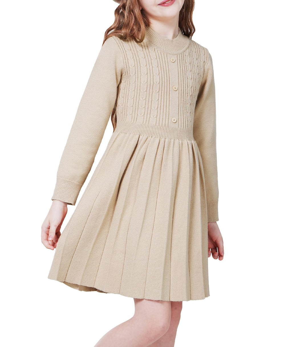 WULFUL Girls Long Sleeve Sweater Dress Pleated Knit Casual Fall Winter 5-12Y