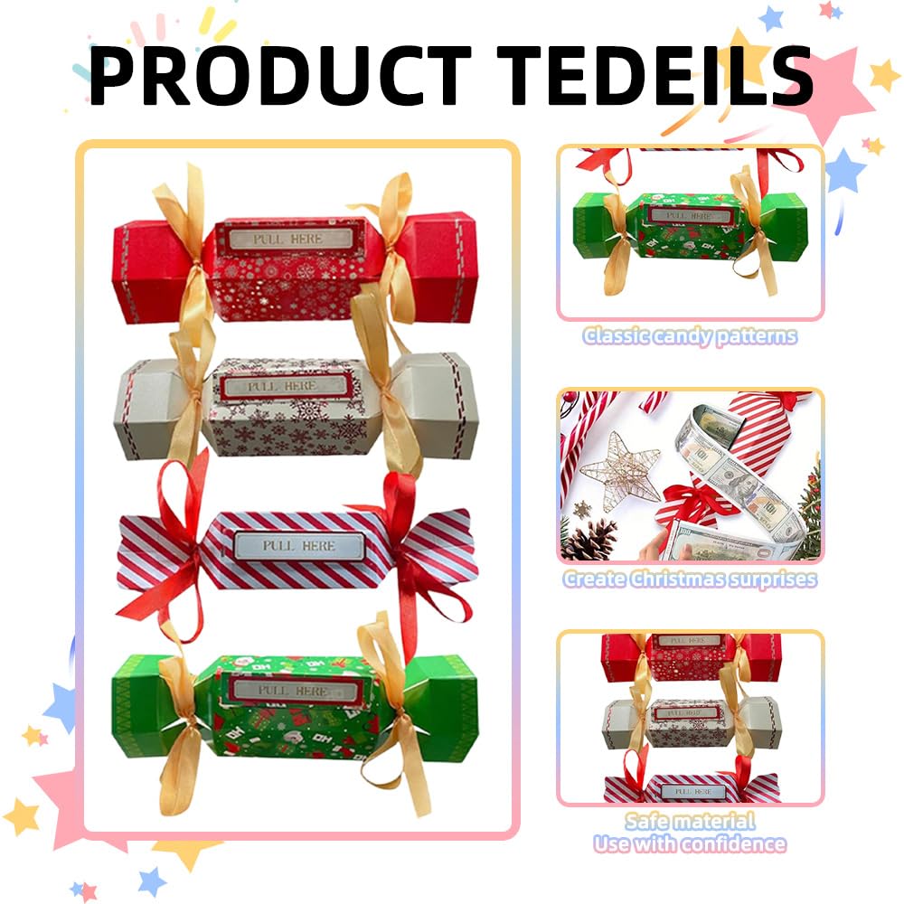 4PCS Christmas Surprise Money Pull Pouch for Cash Gift Candy Shape Money Holder Gift Box for Kids Adults Transparent Bags Christmas Party